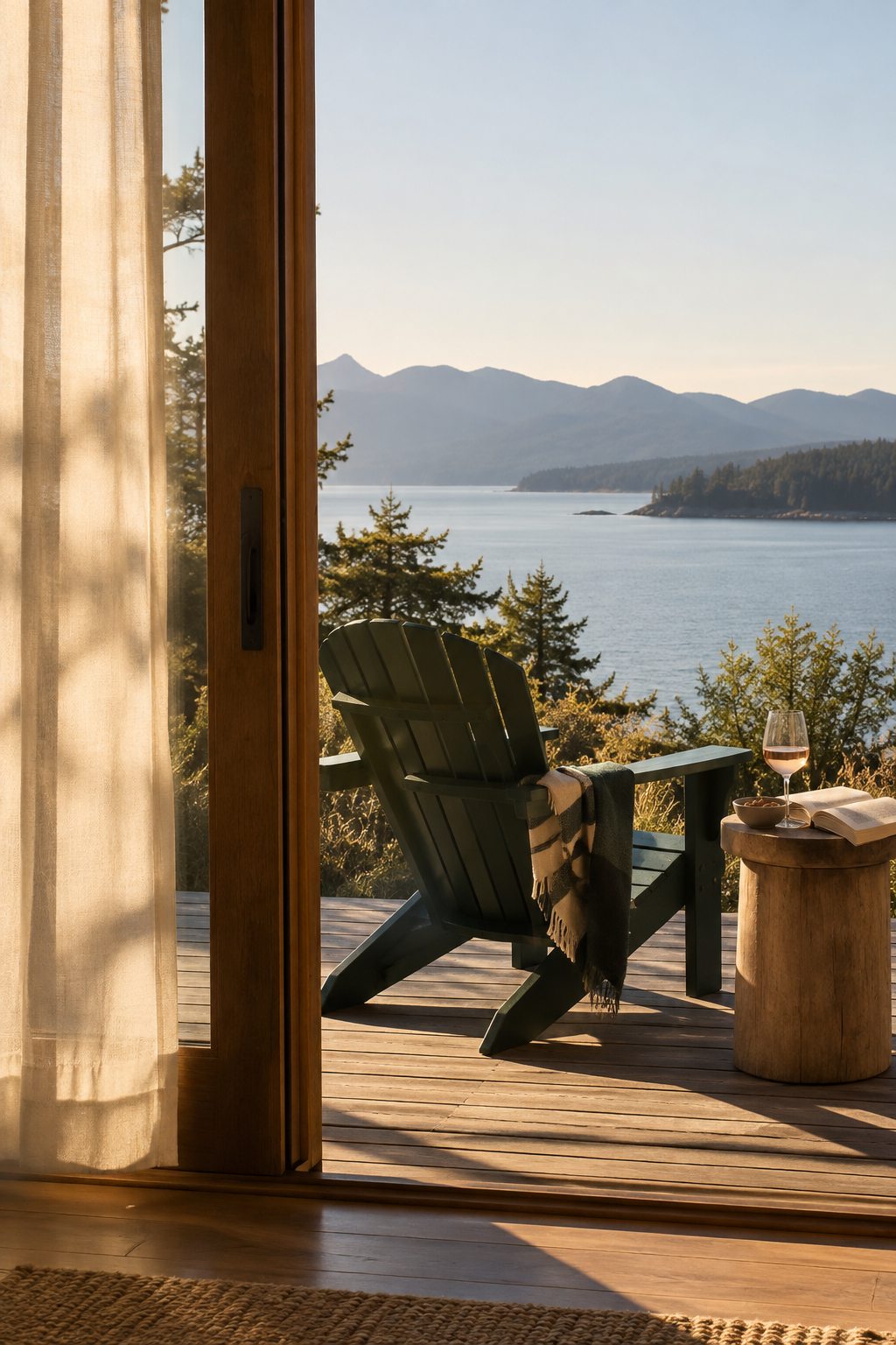 Late sun through an open glass door onto a deck: a green Adirondack chair with a striped throw, a book and a glass of rosé on a wooden stump table, a bay and mountains beyond