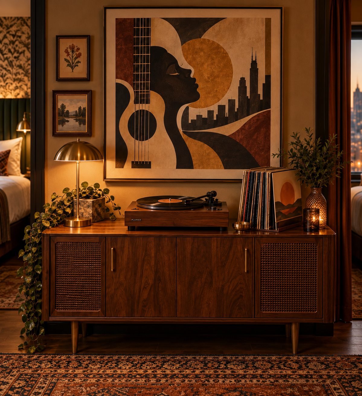 A walnut sideboard with a record player and a stack of records under a large framed painting, a brass lamp, trailing ivy, and lamplight in a hotel room at dusk