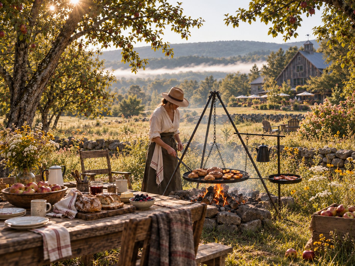 Breakfast cooked over an open fire in an orchard meadow at sunrise: a woman in a wide-brimmed hat tends pastries on a hanging grill beside a rustic table of bread, berries, and apples, with dry stone walls, a timber barn, and mist in the hills beyond