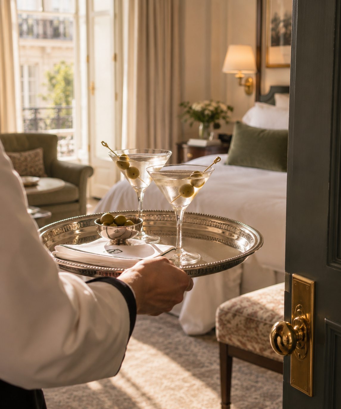 Two martinis with olives and a little dish of extra olives on a silver tray, carried through an open door into a sunlit hotel room